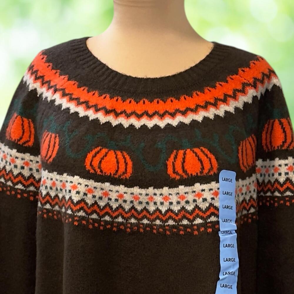 New VINCE CAMUTO Fall Sweater Halloween Pumpkin Fair Isle Brown Pullover Size L - Picture 2 of 11